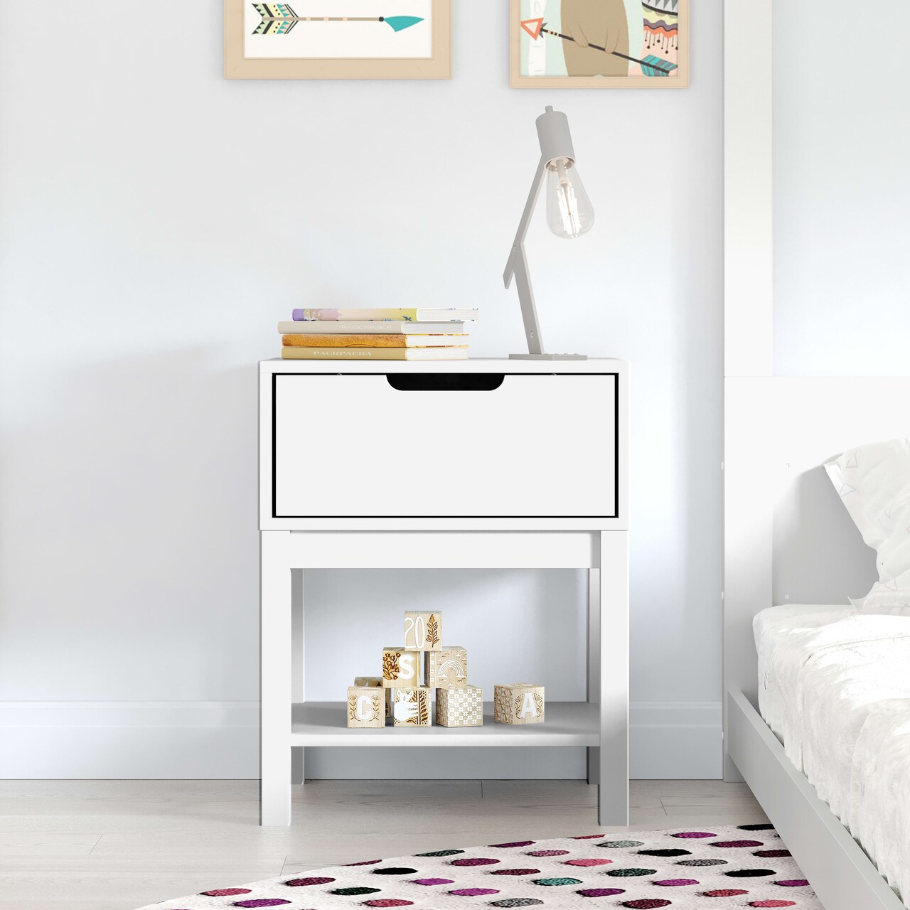 Emma and Oliver Samuel Kids Single-Drawer Night Stand with Solid Wood Frame, Side Table for Kids Bedroom with Open Shelf